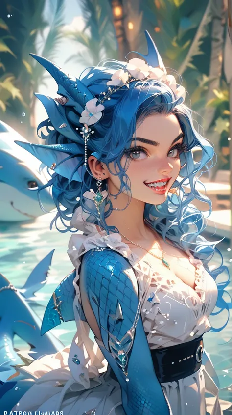 Elegant shark woman ,  blue hair ,  big boobs, white clothes, shark teeth,  blue fins and scales, the water