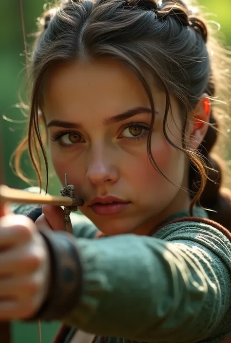 A female archer with brown braided hair and hazel brown eyes up close with light hitting her face through the leaves. she is aiming at something with focus. she has mermaid ears but She is now in her human form