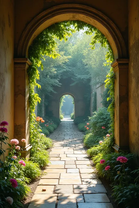  the hallway, long,  one side of the corridor was formed by a cold and smooth stone wall,  while the other side side opened completely ,  showing a secret garden that seemed to float in the air .   It was a garden of rest , The light of the sun,  filtered ...