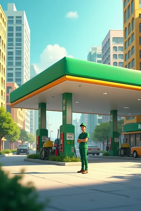  Create an animated zoomable image of a large and beautiful gas station with green colors, yellow, blue, the light of day, with a gas station attendant wearing green clothes and cap ,  gas station attendant in the beautiful city center 