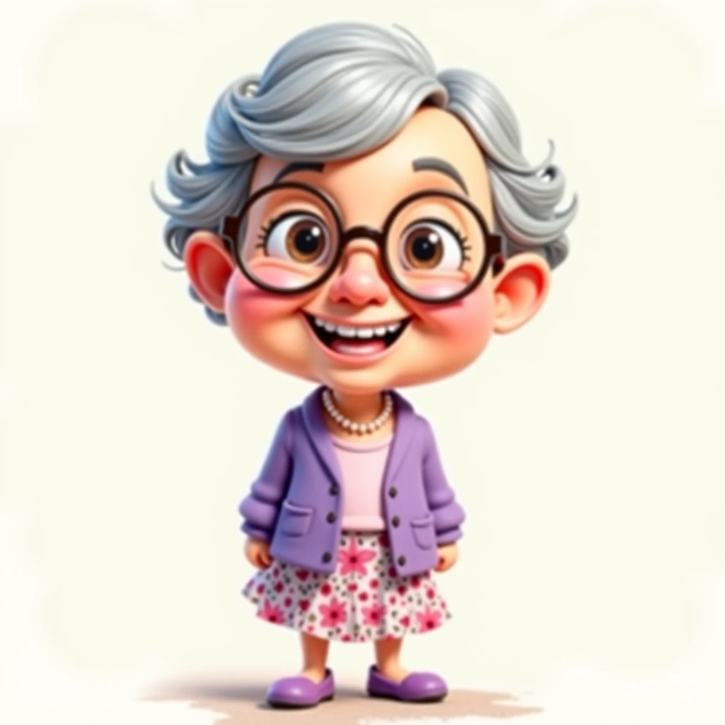 A cartoon character of a cheerful elderly woman with exaggerated features, including short gray hair, round glasses, and a kind, toothy smile. Dress her in a lavender cardigan, a floral skirt, cozy slippers, and a pearl necklace. Focus on details like wrin...