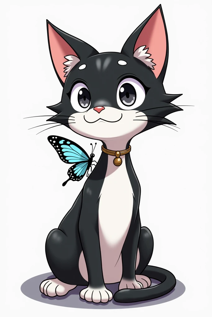 black and white cat, Humonoid body shape, butterfly on the neck,  anime style,  cartoon 