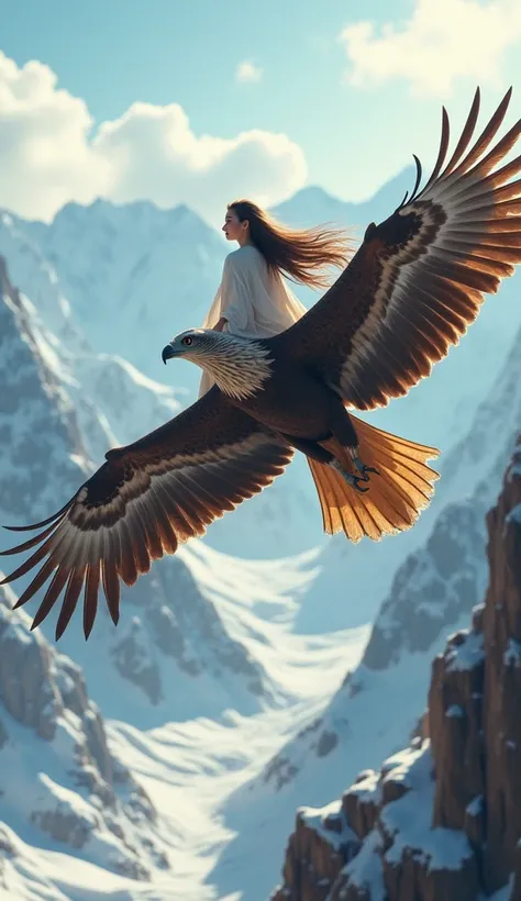 A young  girl with long flowing hair, dressed in a traditional abaya, sitting gracefully on the back of a giant eagle in mid-flight. The majestic eagle spreads its powerful wings as it soars above a stunning landscape of snow-capped mountains, bathed in so...