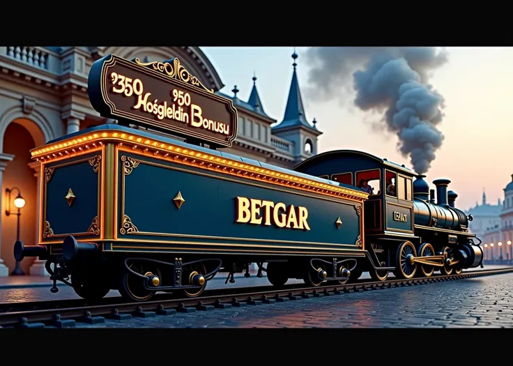 A side-view of a luxurious, antique-style flatbed train wagon attached to a train. On top of the wagon, an elegant vintage-style signboard is displayed, designed to appear realistic and highly detailed under cinematic lighting. The wagon is painted in deep...