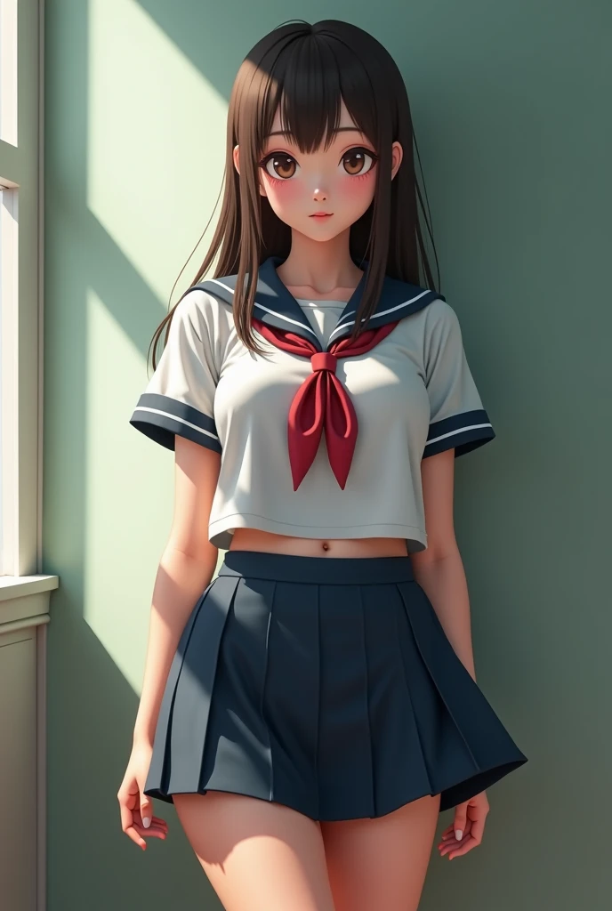 Indonesian high school girl. wearing a school uniform with a mini skirt. has big breasts and plump buttocks. he looks like hes hanging out. Photo realistic