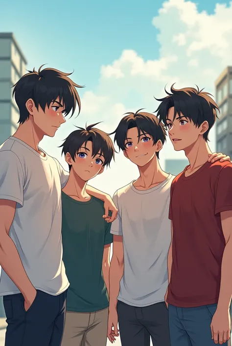 There are 4 young Asian guys, anime style they are all students, They are taking pictures together. The first boy has a muscle body and quiet appearance, the second boy is lively and innocent, with a slim body. The third boy is handsome, cool but twink, th...