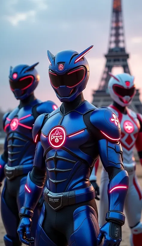 Number of Rangers: 3 (blue, red, white).

Design:

Armors with flowing, aerodynamic designs, blending Parisian elegance with high-tech details in blue, red, and white.

The PSG logo is seamlessly integrated into the chestplate as a glowing centerpiece.

He...