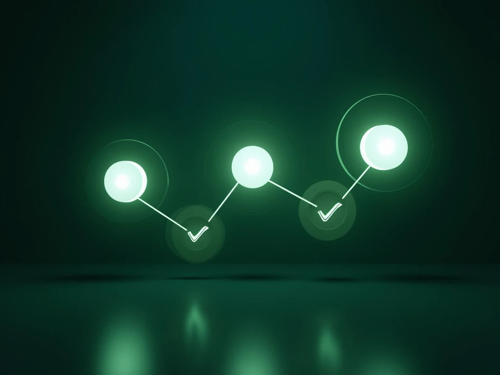 Modern setup process visualization on matching dark green background. Three floating white circles connected by glowing lines showing progression. Simple setup icons with completion checkmarks in light green. Minimal tech pattern in background. Professiona...