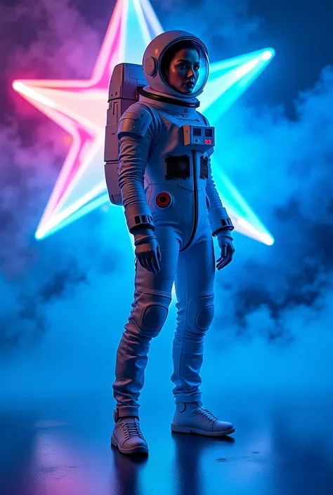 A stunning female astronaut stands elegantly on a futuristic stage, her sleek, high-tech spacesuit gleaming under vivid blue lighting that blends harmoniously with a spectrum of vibrant colors emanating from the centerpiece of the scene—a glowing, multicol...