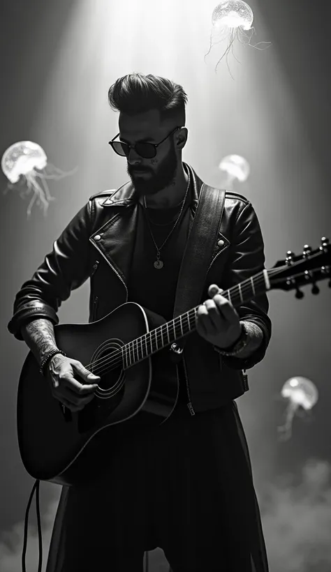 The image shows a handsome rocker man playing acoustic guitar in a three-dimensional room with floating holographic jellyfish. He wears leather attire, a beard, sunglasses, a trendy haircut, lots of tattoos, and exudes an air of mystery and intrigue. The u...