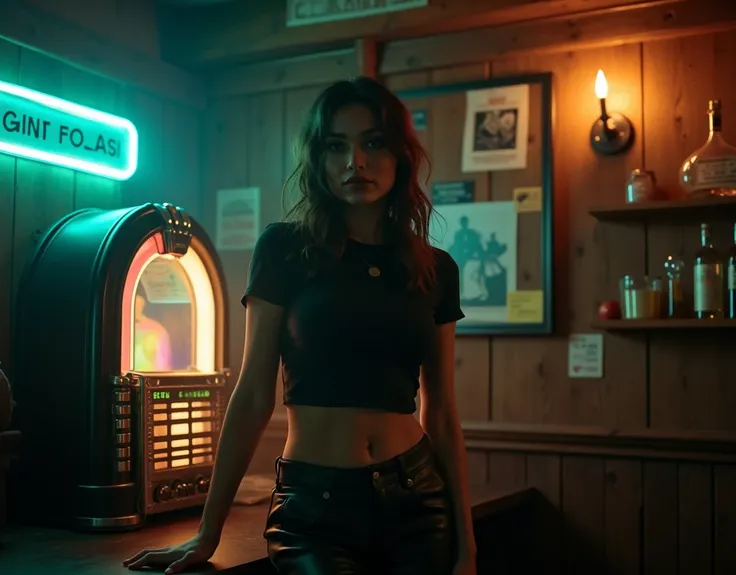 Cinematic shot. In a cozy, traditional English pub, a 19-year-old girl stands beside a vintage jukebox, her fingers hovering over the colorful buttons as she selects a song. She is dressed in a tight, fitted black t-shirt that subtly outlines her figure, p...