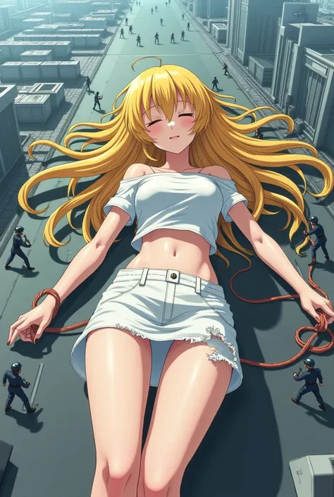 Colossal young anime girl with bright yellow hair, eyes closed unconsciously, layed faced down across a large city, wearing a ripped off the shoulder strapless slim white shirt and a white torn slim mini skirt, barefoot, surrounded by tiny soldiers holding...