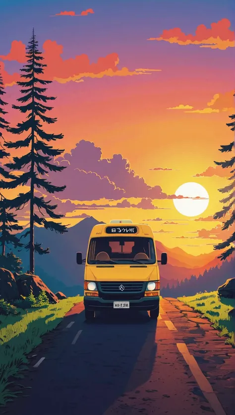 (  Minimalism :1.4), Draw a simple Tintin style art: a minibus camping, sunset, clouds , studio ghibli art, Miyazaki-san,  , Makoto Shinkai!!,  anime movie background best quality best of SeaArt HD 
