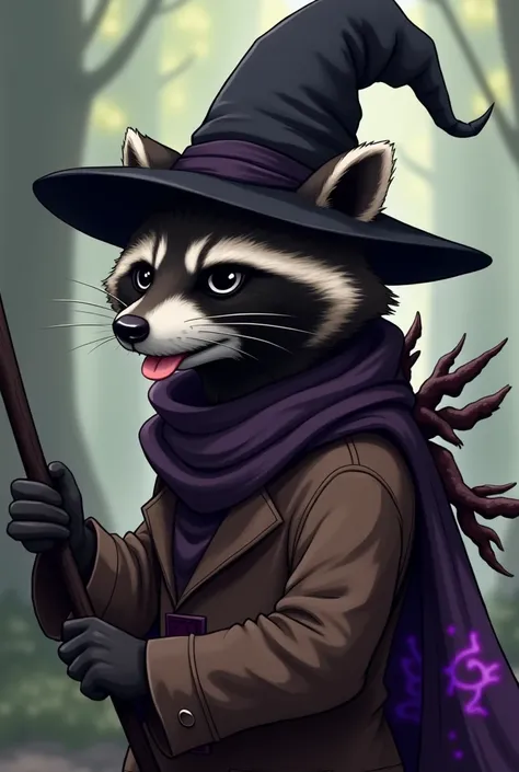 It is a human-like raccoon, wearing a black magic-like tall hat, completely black eyes, no eyeballs and a pink tongue sticking out. Wearing a brown jacket with dark brown tentacles, on the back there is a purple veil with a pattern or glow effect. It looks...