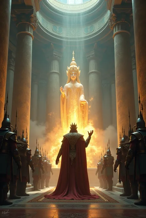 A majestic king in royal attire entering the temple with arrogance, reaching out to touch the glowing statue, as his soldiers look on hesitantly, the air filled with an ominous tension.