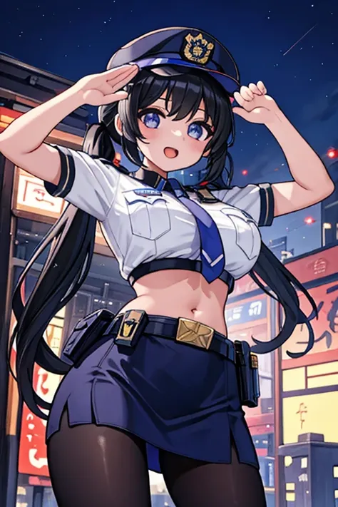 1 girl, japanese woman, baby face, shiny skin, best quality, masterpiece, ultra high res, cute, looking at viewer, police uniform, crop top, navel, midriff, chest pocket, short sleeves, pencil skirt, belt, police hat, pantyhose, necktie, police emblem, gig...