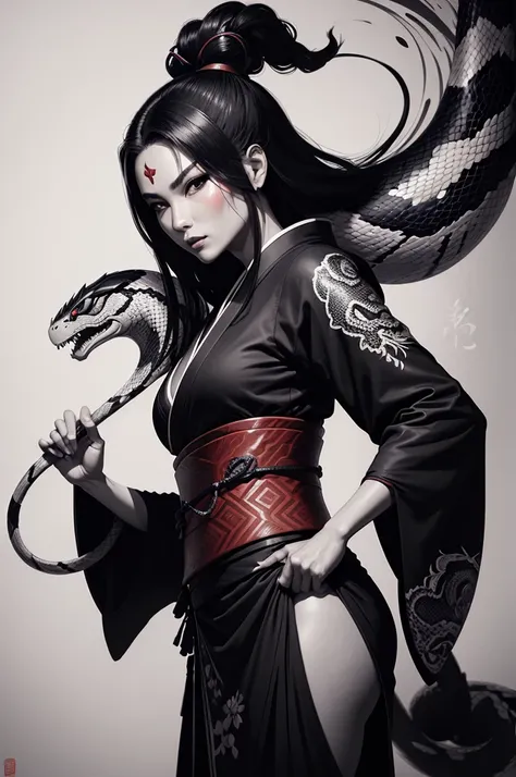 Snake warrior, pretty snakeface, Delicious Company, Alluring snake, Wearing a kimono. The artwork is created in a medium reminiscent of Japanese ink paintings....., Features bold brushstrokes and a Monochromatic color palette.  artist &#39;Masterful techni...