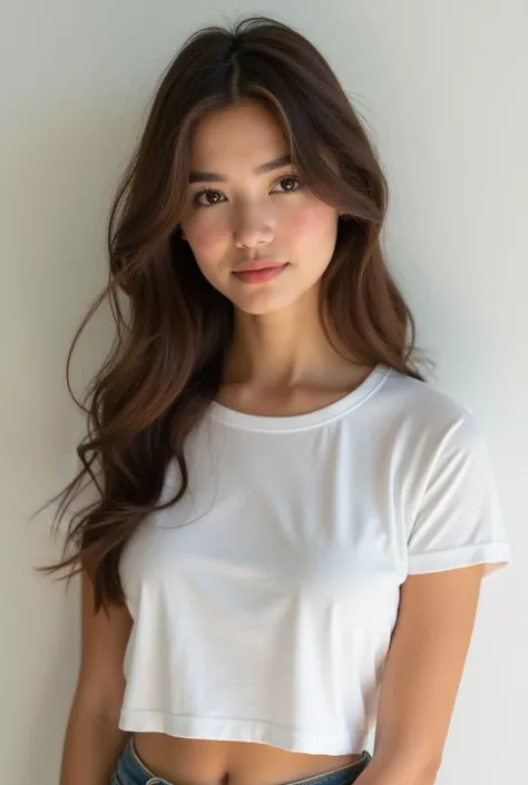 White crop top t-shirt 1girl, Solo, High Resolution, Long Hair, Blush, 