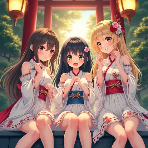 3 cute female middle school students wearing simple, revealing Japanese shrine maiden clothes