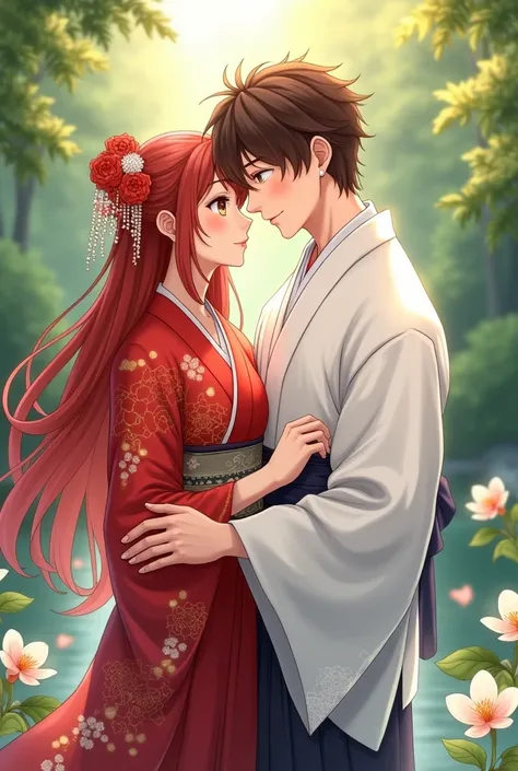 WOMAN WITH AHORI red ,  long red hair, brown eyes,  MAN WITH BROWN HAIR ,  brown eyes,  AHORI WHITE BOTH IN THEIR MARRIAGE IN NATURE ANIME STYLE 