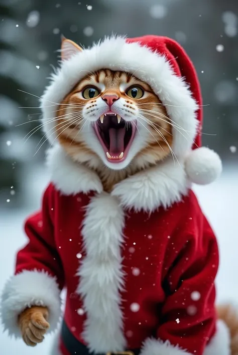 A surprised funny cat dressed as Father Frost in red