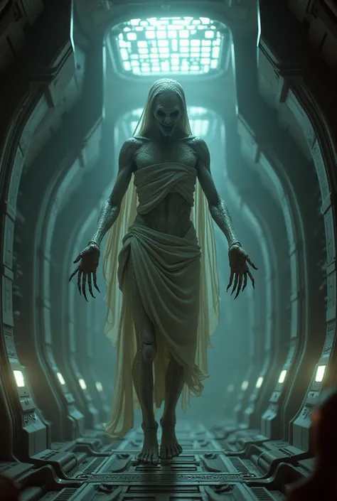 A horrorific space creature resembling jesus in a space ship