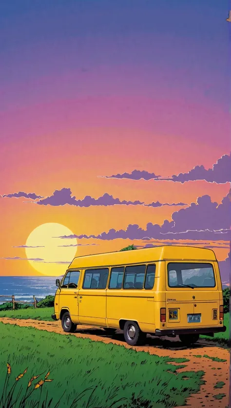 (  Minimalism :1.4), Draw a simple Tintin style art: a minibus camping, sunset, clouds , Yellow Vam, studio ghibli art, Miyazaki-san,  , Makoto Shinkai!!,  anime movie background best quality best of SeaArt HD 