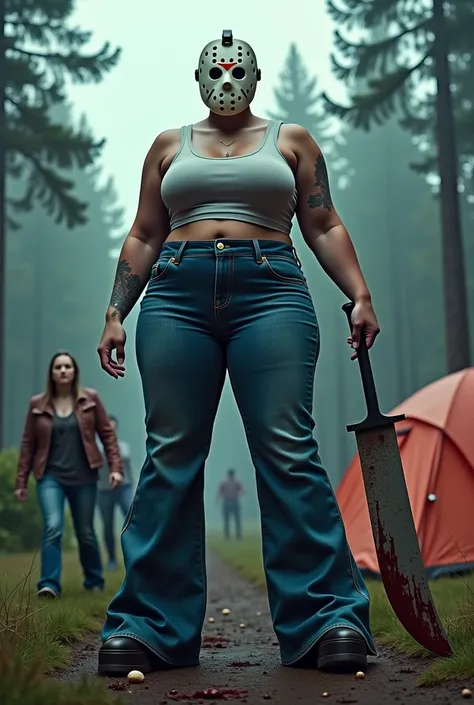 hockey masked curvy bald female wear long blue mermaid bell bottom jeans huge belt high platform heels wielding large bloody machete stands opposite to the two scared female victims in the camping