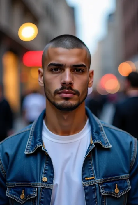 photograph of a handsome man with a shaved head, short mustache, light brown skin tone, wearing a denim jacket over a white t-shirt, medium build, medium close-up, head and shoulders, centered, neutral expression, background slightly blurred with bokeh lig...