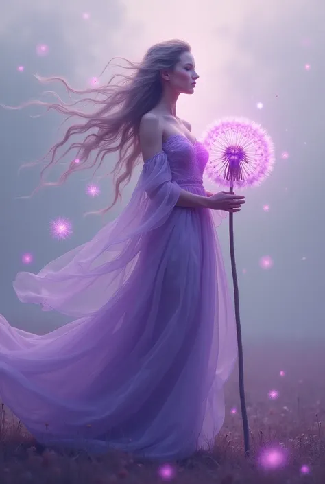 A woman in the form of a purple dandelion 