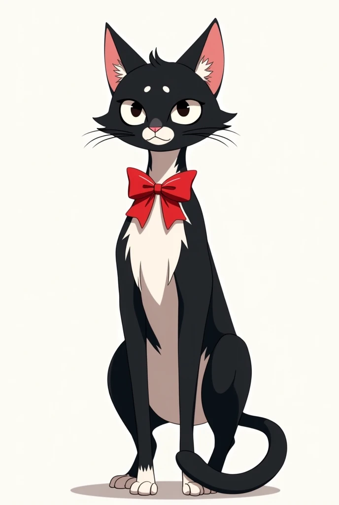 black and white cat, Humonoid body shape, stands on its hind legs, red butterfly-shaped ribbon on the neck,  anime style,  cartoon 