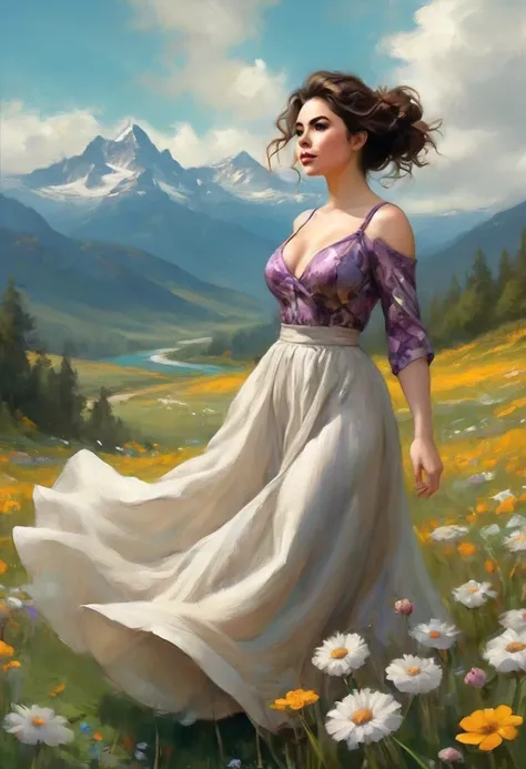 A beautiful women frolicking in a meadow of beautiful flowers overlooking mountains. Long skirts twirling and billowing in wind. soft firm breasts. attractive breasts.. fit. ninble. curvy The artwork is a highly detailed, award-winning digital painting, bl...