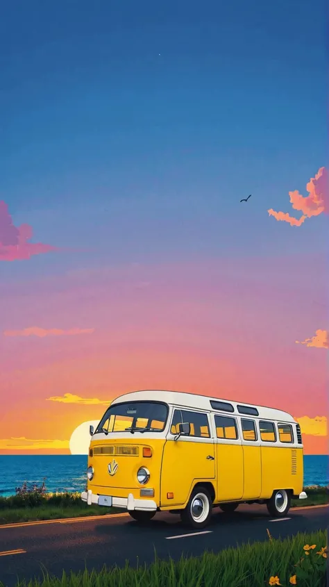 (  Minimalism :1.4), Draw a simple Tintin style art: a minibus camping, sunset, clouds , Yellow Vam, studio ghibli art, Miyazaki-san,  , Makoto Shinkai!!,  anime movie background best quality best of SeaArt HD 