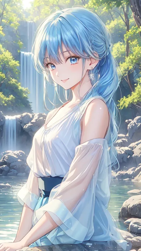 ((High resolution, accurate, Best Quality, masterpiece, Unity 8k wallpaper)), an area of a small lake in a forest area with a few rocks here and there, tree, scenery, waterfallanime womens body pictures 2 anime girls standing together anime girls,sit under...