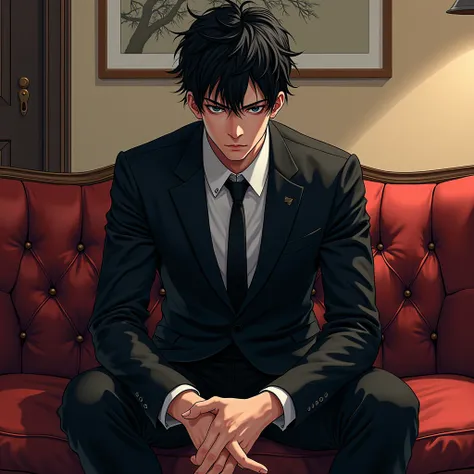  adult Asian male sitting on a couch,  dressed in black suits . The unruly , With unkempt black hair artistic style is a vibrant and highly detailed Manhwa/ anime-inspired illustration ,