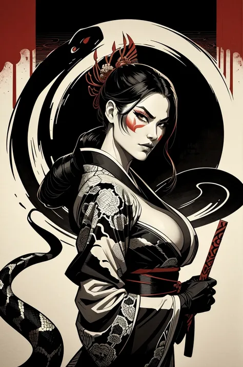 Snake warrior, pretty snakeface, Delicious Company, Alluring snake, Wearing a kimono. The artwork is created in a medium reminiscent of Japanese ink paintings....., Features bold brushstrokes and a Monochromatic color palette.  artist &#39;Masterful techni...