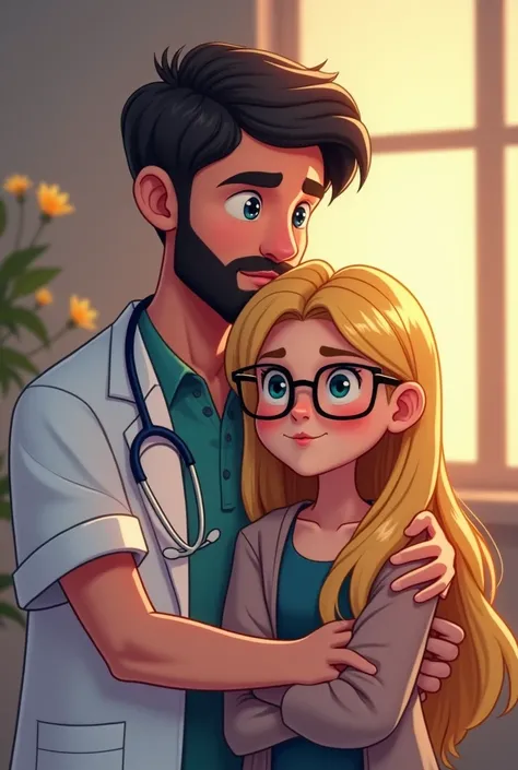 A doctor with dark hair and a beard hugs a 17-year-old chewing gum with long blond hair with glasses,  graphic design