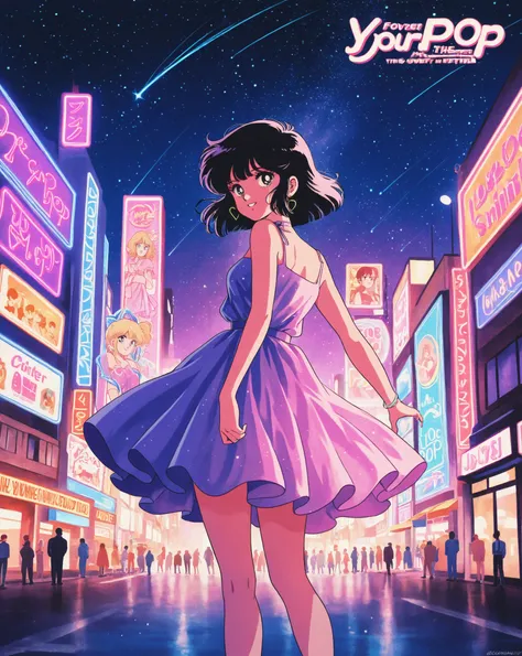 City Pop 80s Retro Style Art, Neon Shooting Star, 

In the neon lights
A starlit city,
A cocktail night with a swaying dress,

The two of us dance in the moonlight

Feel the beat to the rhythm
My sweet emotion shines
Dreaming until dawn,
The city lights li...