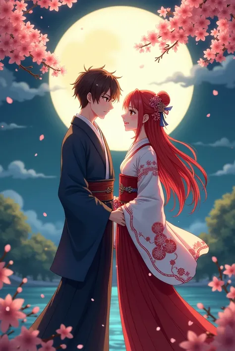 WOMAN WITH AHORI red ,  long red hair, brown eyes,  MAN WITH BROWN HAIR ,  brown eyes, AHORI BLANCO BOTH IN THEIR MARRIAGE in the background the LUNa ANIME STYLE kimetsu no Yaiba 