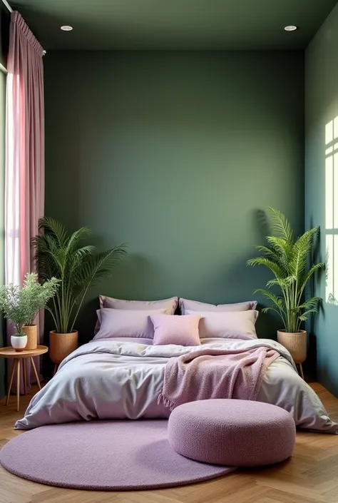 Create a room with a shade of moss green and pastel purple 
