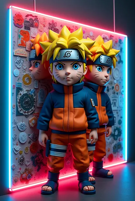 Many 3d collaged pictures of Naruto in frame in neon 