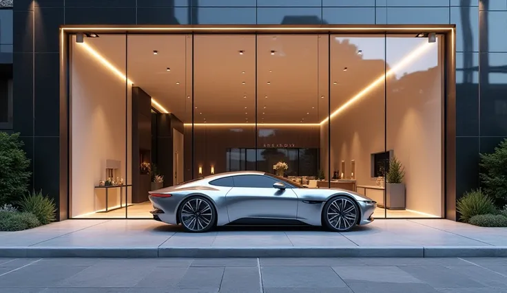 "A stunning, high-definition, 3D street-front view of a luxury car showroom with a sleek, modern glass facade. The perspective captures the front exterior directly from the street, showcasing large, floor-to-ceiling glass panels illuminated by soft, glowin...