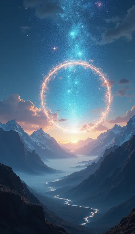 A celestial portal shining on the horizon beyond the mountains.