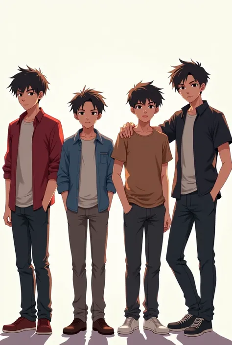 There are 4 young Asian boys, anime style they are all students. They are taking pictures together. The first boy has a tall and muscle body and quiet appearance, the second boy is lively, happy and innocent, with a slim body. Nexy to him is the third boy ...