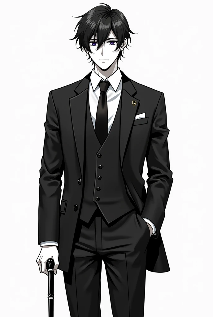 Black and white anime image Man in a suit with elegant cane