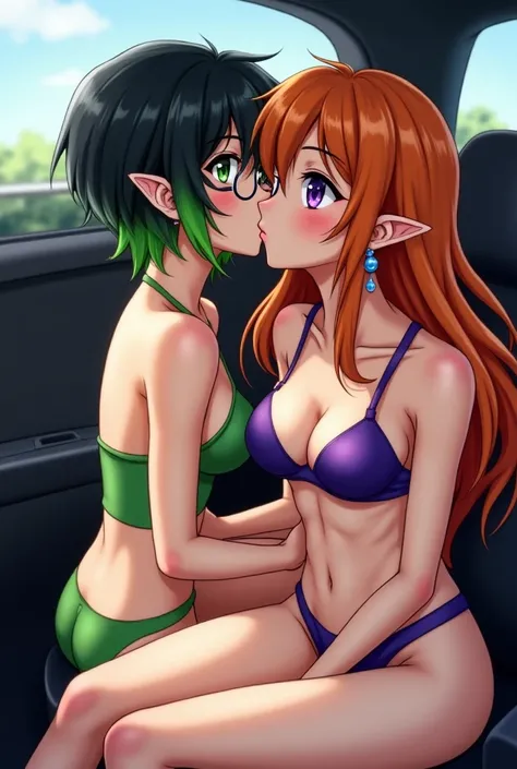  two girls.  sitting in the car . Sexy anime elf in ,  in green underwear .  She has short black and green hair ,  bright green eyes . She is wearing round glasses,  bites her neck with highlights and round earrings . On her lap is a sexy girl in purple lu...