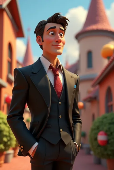 man in a suit looking at a  playing, 3d animation, disney pixar