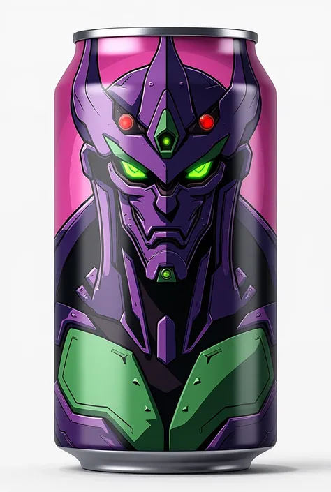 A can of soda with a pattern of Evangelion 01. I want a cool and fierce design that can be used as a profile picture. Evangelion 01