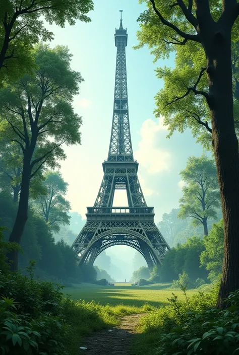 Create a background with forest in the middle Effil tower 🗼