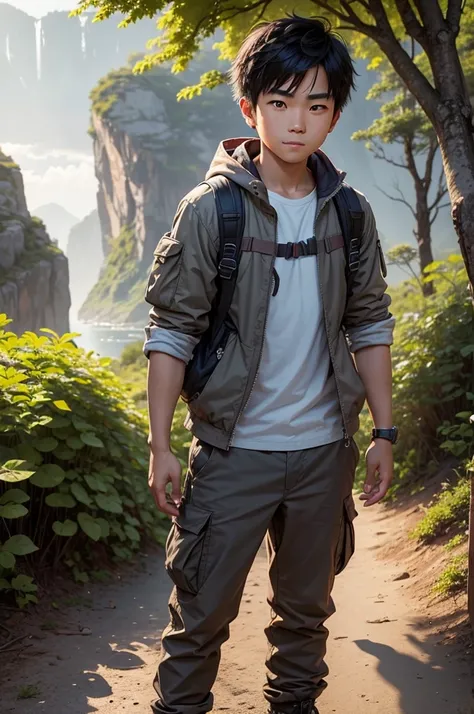 An Asian-American boy, with a full body image, standing outdoors with a thoughtful and focused expression. He has dark, slightly messy hair and is of medium height. He wears practical clothing, including cargo pants and sturdy hiking boots, with a red and ...